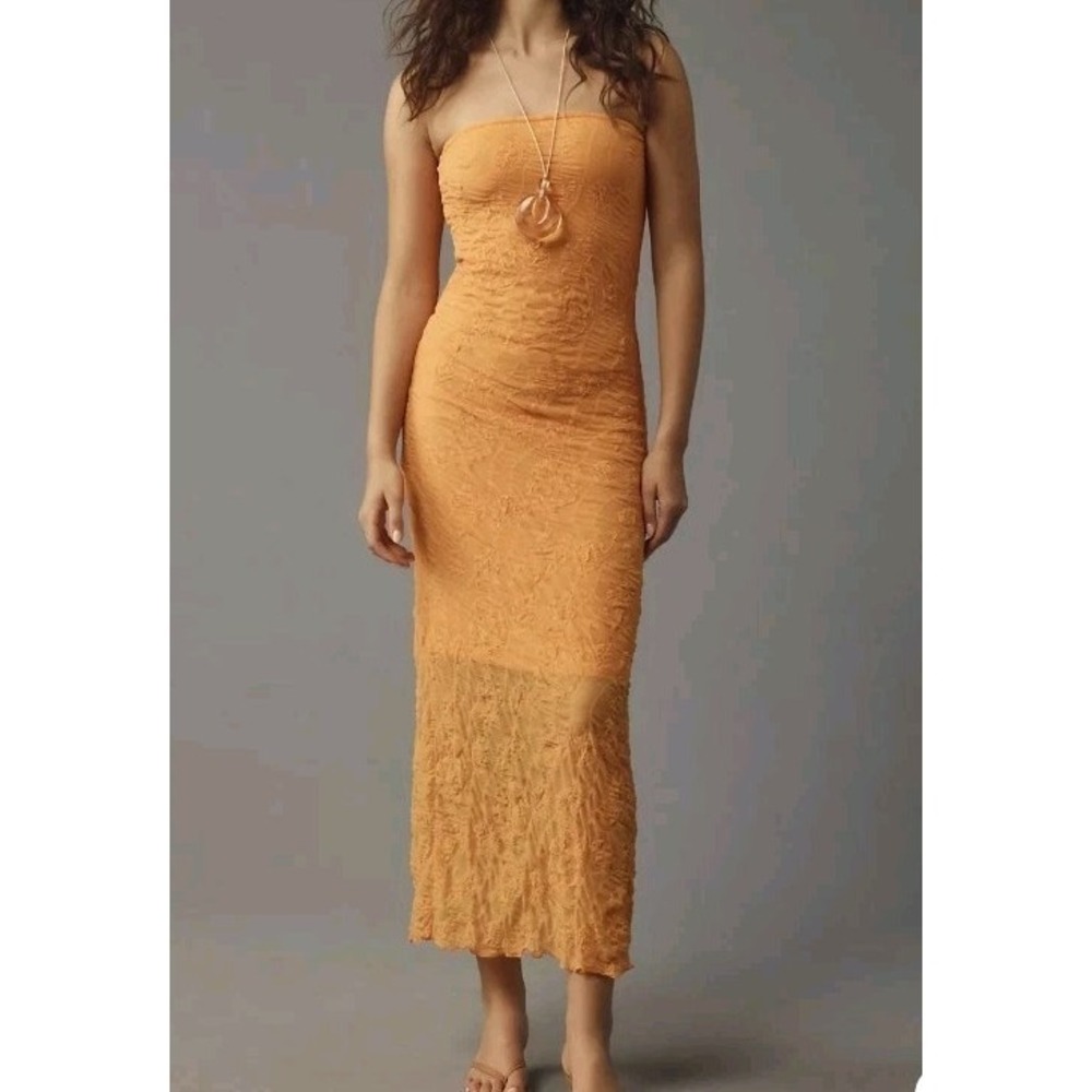 Anthropologie Strapless Textured Knit Slip Midi Dress Orange Size MP EUC